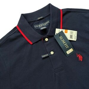 US Polo Assn Mens Slim Fit Stretch Pique Polo Shirt Navy Red 118716EE Small NWT